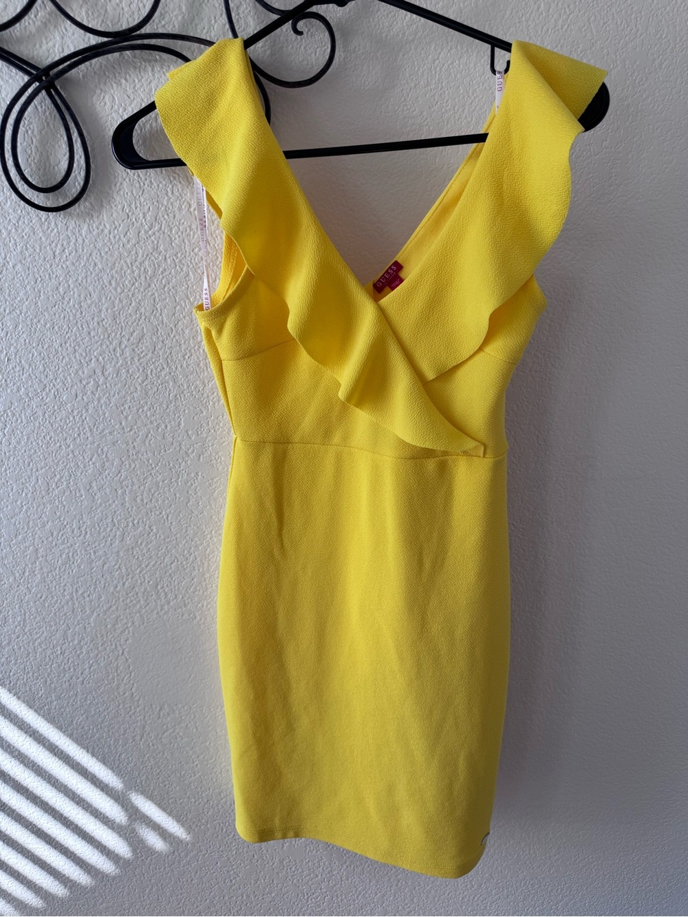 Guess Bright Yellow Ruffle V-Neck Mini Dress